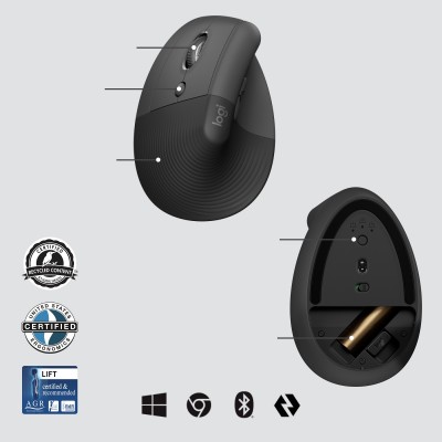 Mouse Logitech Lift for Business wireless ergonomico in grafite a sinistra