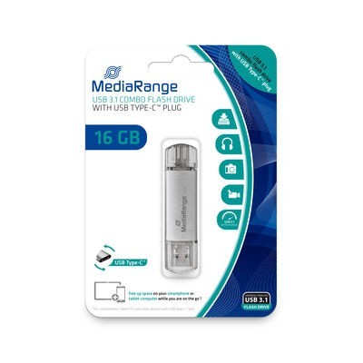 Pendrive MediaRange combo memory stick 16 GB USB A 3.2 USB C 3.2 argento