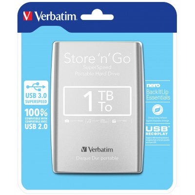 HARD DISK ESTERNO VERBATIM 1TB STORE N GO 2,5 USB 3.0 SILVER