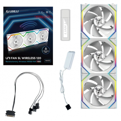 Ventole Lian Li UNI FAN SL Ventola Wireless ARGB PWM Kit da 3 con controller Lama Inversa 120mm Bianco