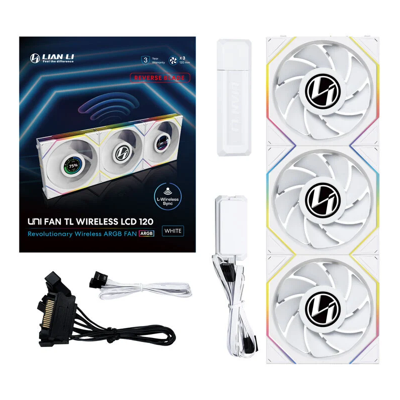 Ventole Lian Li UNI FAN TL Wireless LCD Lama Inversa 120mm ARGB PWM Kit Da 3 Bianco