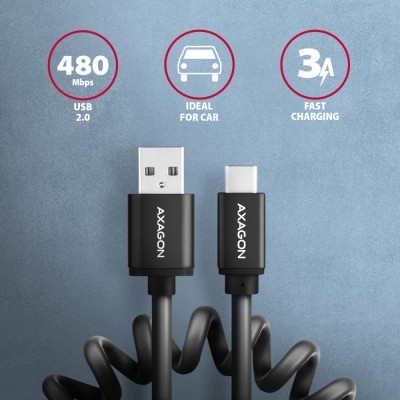 Cavo Axagon USB-C a USB-A, 1 m, USB 2.0, 2,4 A, ALU, PVC - Nero