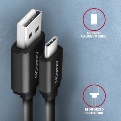 Cavo Axagon USB-C a USB-A, 1 m, USB 2.0, 2,4 A, ALU, PVC - Nero