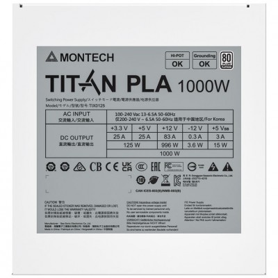 Alimentatore Montech Titan PLA 80PLUS Platinum Cybenetics Modulare PCIe 5.1 1000W Bianco