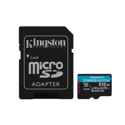 Scheda microSDXC Canvas Go Plus Kingston Technology Gen4 200MB s A2 U3 V30 da 512 GB + adattatore