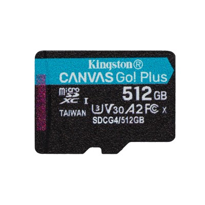 Scheda microSDXC Canvas Go Plus Kingston Technology Gen4 200MB s A2 U3 V30 da 512 GB + adattatore