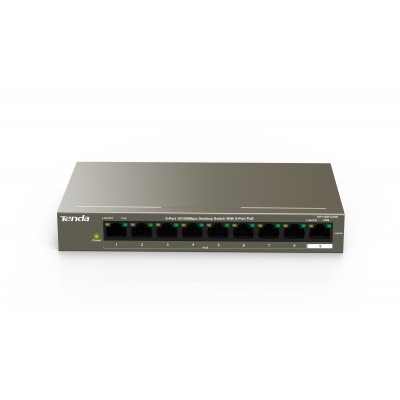 Tenda SWITCH PoE TEF1109P 8 63W IEEE 802.3 u x IEEE802.3af at IEEE 8xFE(PoE)+2xFE(Data+NVR) output  58W Prot Ful 6KV Extend